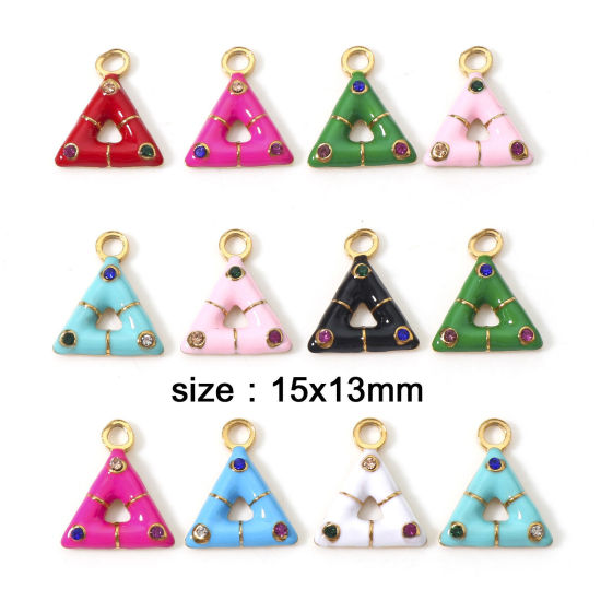 Изображение 304 Нержавеющая Сталь Серия геометрии Подвески Треугольник Позолоченный С Эмалью Разноцветный Горный Хрусталь 15мм x 13мм, 1 ШТ