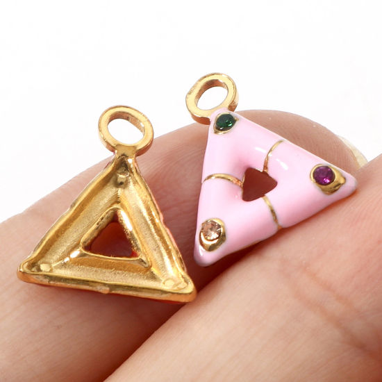 Изображение 304 Нержавеющая Сталь Серия геометрии Подвески Треугольник Позолоченный С Эмалью Разноцветный Горный Хрусталь 15мм x 13мм, 1 ШТ