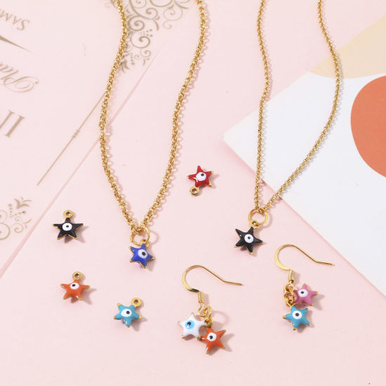 Immagine di 304 Acciaio Inossidabile Religione Charms Stella a Cinque Punte Multicolore Malocchio Paillettes Smaltate su Entrambi i lati 10mm x 8.5mm, 10 Pz