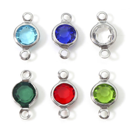 Image de Connecteurs Pendentifs Breloques en 304 Acier Inoxydable & Verre Argent Mat Multicolore Rond A Facettes 13mm x 7mm, 10 Pcs