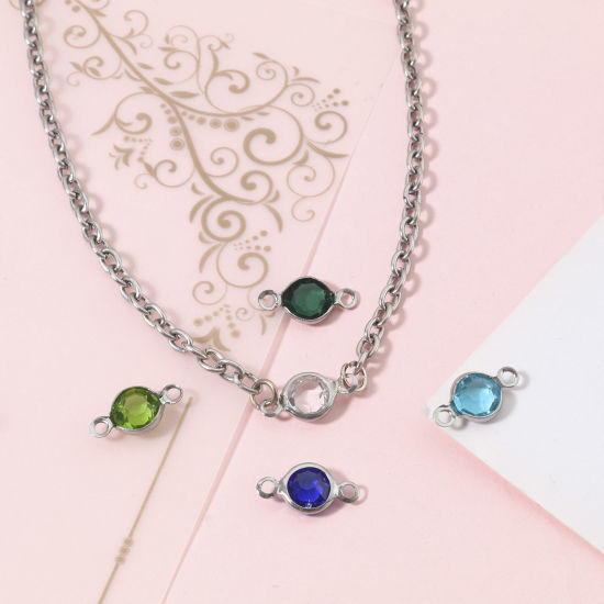 Immagine di 304 Acciaio Inossidabile & Vetro Pendenti Charms Connettori Tondo Tono Argento Multicolore Sezione 13mm x 7mm, 10 Pz