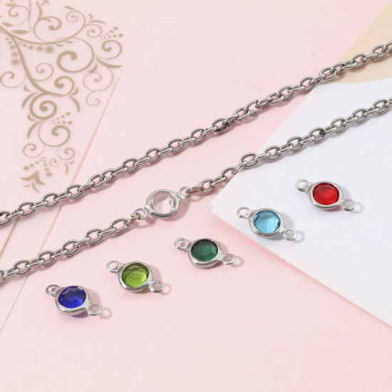Immagine di 304 Acciaio Inossidabile & Vetro Pendenti Charms Connettori Tondo Tono Argento Multicolore Sezione 13mm x 7mm, 10 Pz
