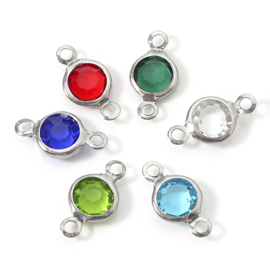 Immagine di 304 Acciaio Inossidabile & Vetro Pendenti Charms Connettori Tondo Tono Argento Multicolore Sezione 13mm x 7mm, 10 Pz