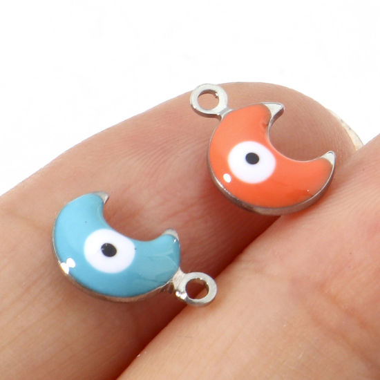 Изображение 304 Нержавеющая Сталь религия Подвески Луна половина Серебряный Тон Разноцветный Злой Глаз Двусторонние эмалированные пайетки 11мм x 7мм, 10 ШТ