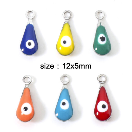 Изображение 304 Нержавеющая Сталь религия Подвески водяная капля Серебряный Тон Разноцветный Злой Глаз Двусторонние эмалированные пайетки 12мм x 5мм, 10 ШТ