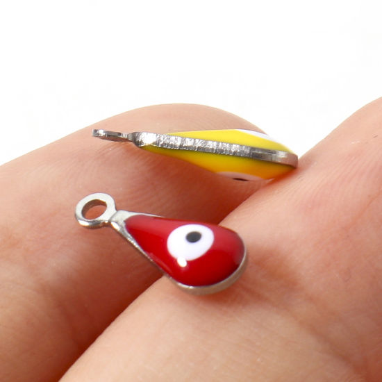 Изображение 304 Нержавеющая Сталь религия Подвески водяная капля Серебряный Тон Разноцветный Злой Глаз Двусторонние эмалированные пайетки 12мм x 5мм, 10 ШТ