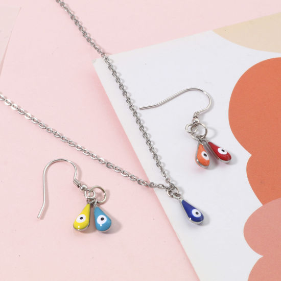 Изображение 304 Нержавеющая Сталь религия Подвески водяная капля Серебряный Тон Разноцветный Злой Глаз Двусторонние эмалированные пайетки 12мм x 5мм, 10 ШТ