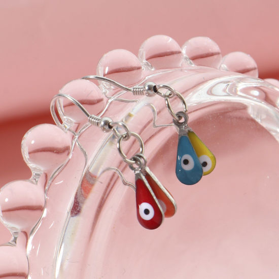 Изображение 304 Нержавеющая Сталь религия Подвески водяная капля Серебряный Тон Разноцветный Злой Глаз Двусторонние эмалированные пайетки 12мм x 5мм, 10 ШТ