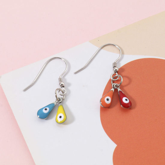 Изображение 304 Нержавеющая Сталь религия Подвески водяная капля Серебряный Тон Разноцветный Злой Глаз Двусторонние эмалированные пайетки 12мм x 5мм, 10 ШТ