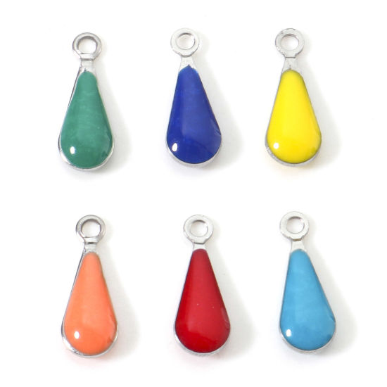 Изображение 304 Нержавеющая Сталь Подвески водяная капля Серебряный Тон Разноцветный Двусторонние эмалированные пайетки 12мм x 5мм, 10 ШТ