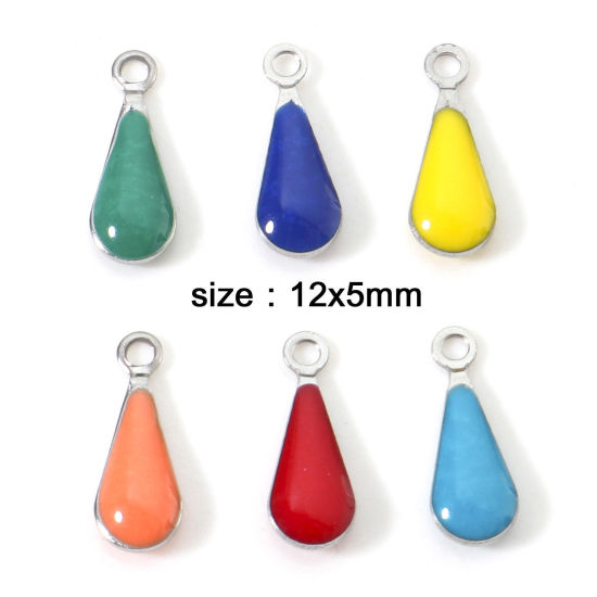 Изображение 304 Нержавеющая Сталь Подвески водяная капля Серебряный Тон Разноцветный Двусторонние эмалированные пайетки 12мм x 5мм, 10 ШТ