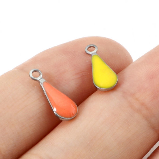 Изображение 304 Нержавеющая Сталь Подвески водяная капля Серебряный Тон Разноцветный Двусторонние эмалированные пайетки 12мм x 5мм, 10 ШТ