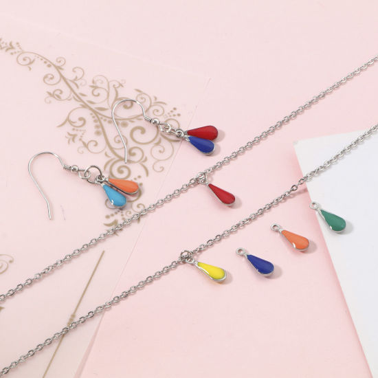 Изображение 304 Нержавеющая Сталь Подвески водяная капля Серебряный Тон Разноцветный Двусторонние эмалированные пайетки 12мм x 5мм, 10 ШТ