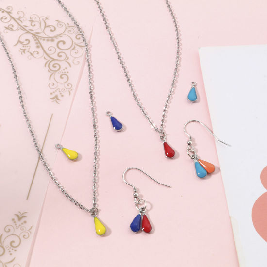 Изображение 304 Нержавеющая Сталь Подвески водяная капля Серебряный Тон Разноцветный Двусторонние эмалированные пайетки 12мм x 5мм, 10 ШТ