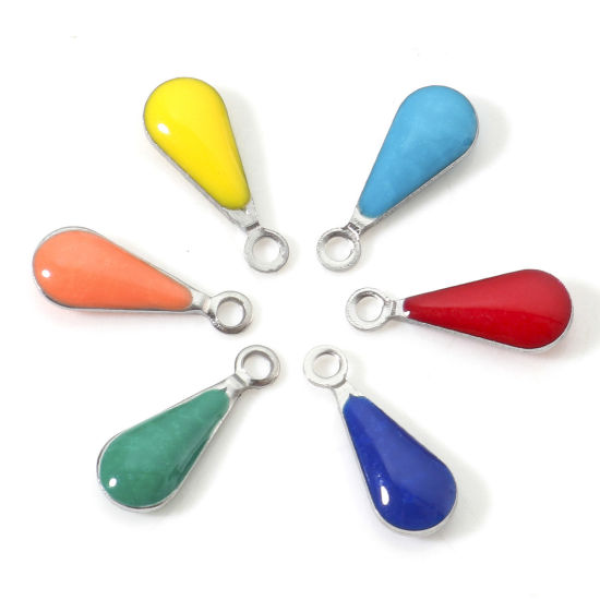 Изображение 304 Нержавеющая Сталь Подвески водяная капля Серебряный Тон Разноцветный Двусторонние эмалированные пайетки 12мм x 5мм, 10 ШТ