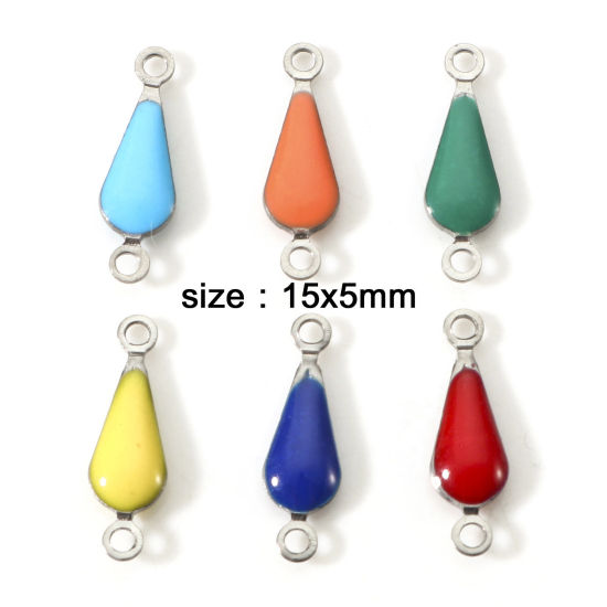 Immagine di 304 Acciaio Inossidabile Pendenti Charms Connettori Goccia Tono Argento Multicolore Paillettes Smaltate su Entrambi i lati 15mm x 5mm, 10 Pz