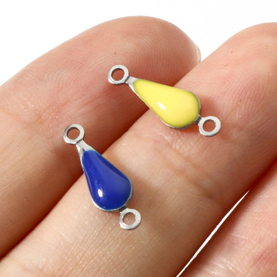 Immagine di 304 Acciaio Inossidabile Pendenti Charms Connettori Goccia Tono Argento Multicolore Paillettes Smaltate su Entrambi i lati 15mm x 5mm, 10 Pz