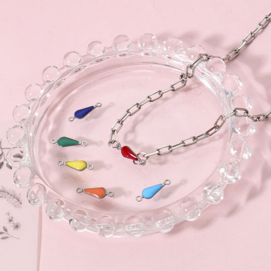 Immagine di 304 Acciaio Inossidabile Pendenti Charms Connettori Goccia Tono Argento Multicolore Paillettes Smaltate su Entrambi i lati 15mm x 5mm, 10 Pz