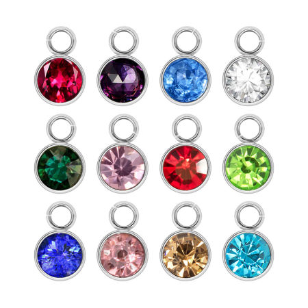 304 Stainless Steel Birthstone Charms Silver Tone Multicolor Round 6mm x 9mm