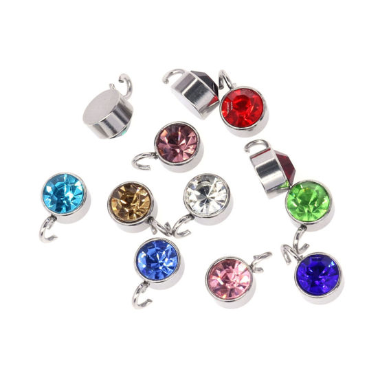 Bild von 304 Edelstahl Monatsstein Charms Rund Silberfarbe Bunt 6mm x 9mm, 10 Stück