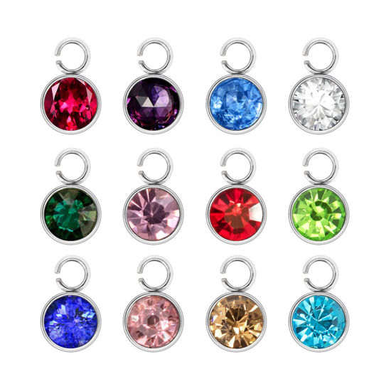 Immagine di 304 Acciaio Inossidabile Pietre Nascita Charms Tondo Tono Argento Multicolore 6mm x 9mm, 10 Pz