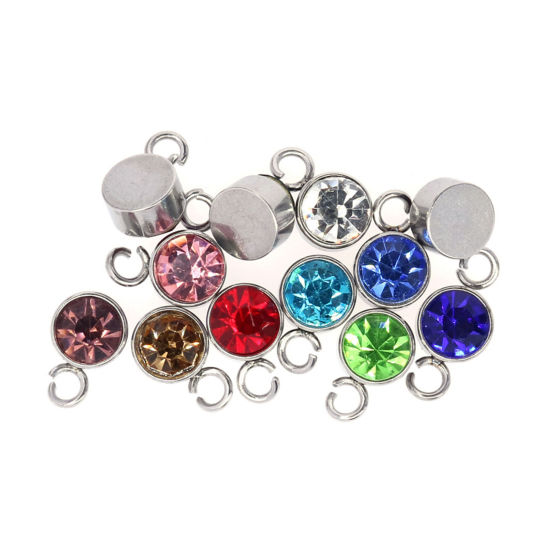 Immagine di 304 Acciaio Inossidabile Pietre Nascita Charms Tondo Tono Argento Multicolore 6mm x 9mm, 10 Pz