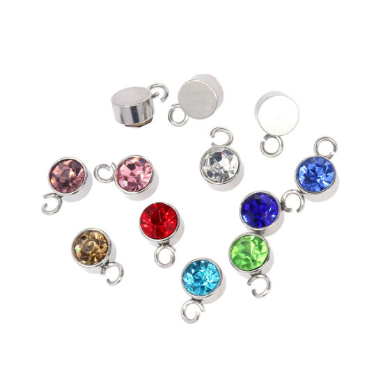 Immagine di 304 Acciaio Inossidabile Pietre Nascita Charms Tondo Tono Argento Multicolore 6mm x 9mm, 10 Pz