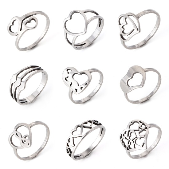 Picture of 304 Stainless Steel Valentine's Day Unadjustable Rings Silver Tone Heart Roller Burnishing