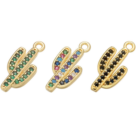 Image de 1 Pièce Breloques en Laiton Cactus Plaqué Or 18K à Strass Coloré 17mm x 8mm