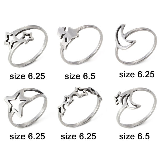 Picture of 304 Stainless Steel Galaxy Unadjustable Rings Silver Tone Star Moon Roller Burnishing