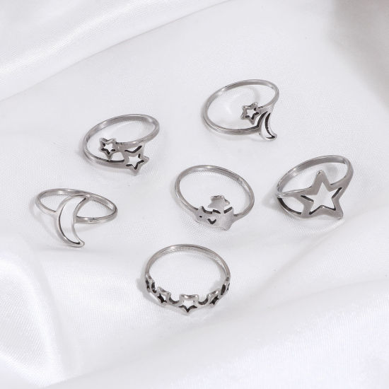 Picture of 304 Stainless Steel Galaxy Unadjustable Rings Silver Tone Star Moon Roller Burnishing