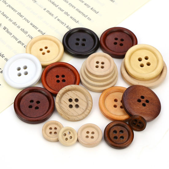 Picture of Natural Wood Buttons Scrapbooking 4 Holes Round Multicolor