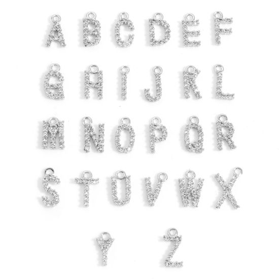 Picture of Brass Charms Real Platinum Plated Capital Alphabet/ Letter Message " A-Z " Micro Pave Clear Cubic Zirconia