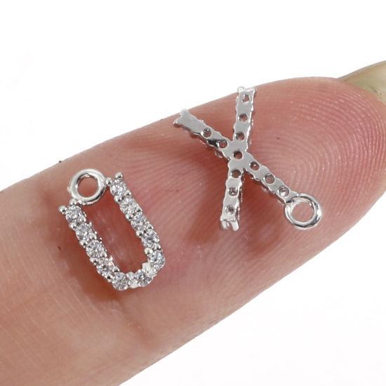 Picture of Brass Charms Real Platinum Plated Capital Alphabet/ Letter Message " A-Z " Micro Pave Clear Cubic Zirconia