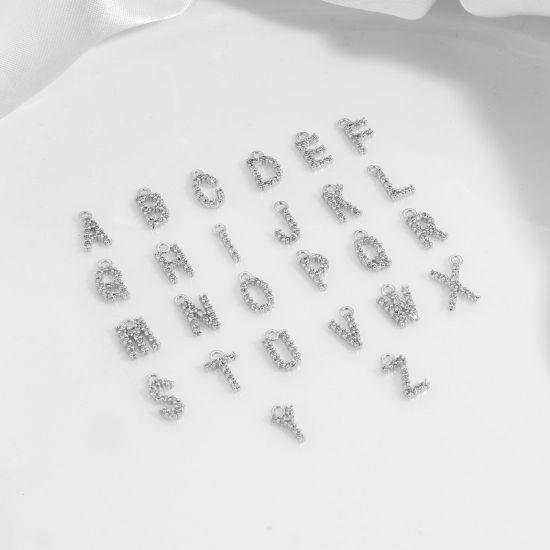 Picture of Brass Charms Real Platinum Plated Capital Alphabet/ Letter Message " A-Z " Micro Pave Clear Cubic Zirconia