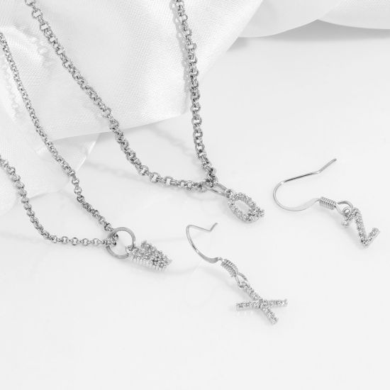 Picture of Brass Charms Real Platinum Plated Capital Alphabet/ Letter Message " A-Z " Micro Pave Clear Cubic Zirconia