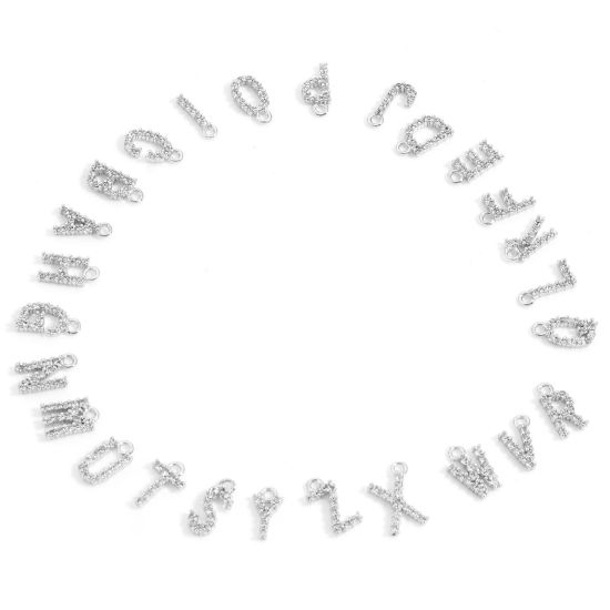 Picture of Brass Charms Real Platinum Plated Capital Alphabet/ Letter Message " A-Z " Micro Pave Clear Cubic Zirconia