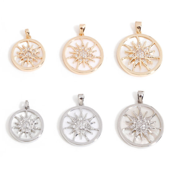 Image de 1 Pièce Pendentif Breloque Galaxie en Coquille Naturelle & Laiton Rond Plaqué Or Véritable Blanc Soleil Micro Pave à Zircone Cubique Clair