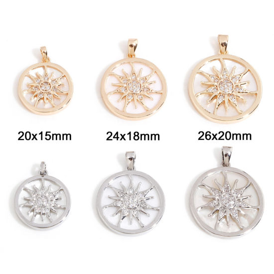 Image de 1 Pièce Pendentif Breloque Galaxie en Coquille Naturelle & Laiton Rond Plaqué Or Véritable Blanc Soleil Micro Pave à Zircone Cubique Clair