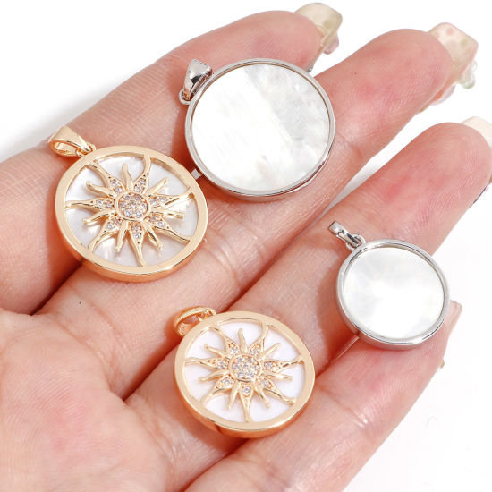 Image de 1 Pièce Pendentif Breloque Galaxie en Coquille Naturelle & Laiton Rond Plaqué Or Véritable Blanc Soleil Micro Pave à Zircone Cubique Clair