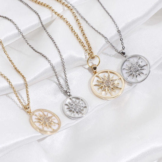 Image de 1 Pièce Pendentif Breloque Galaxie en Coquille Naturelle & Laiton Rond Plaqué Or Véritable Blanc Soleil Micro Pave à Zircone Cubique Clair