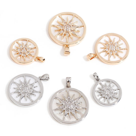Image de 1 Pièce Pendentif Breloque Galaxie en Coquille Naturelle & Laiton Rond Plaqué Or Véritable Blanc Soleil Micro Pave à Zircone Cubique Clair