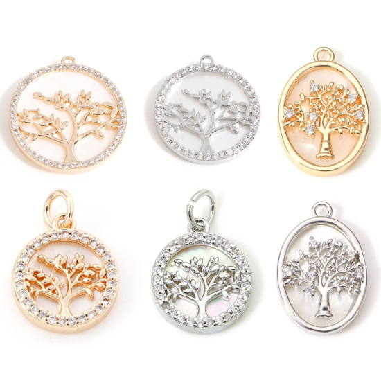 Picture of Shell & Brass Charms Real Gold Plated Round Tree Micro Pave Clear Cubic Zirconia