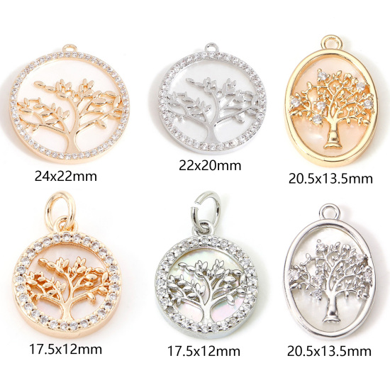 Picture of Shell & Brass Charms Real Gold Plated Round Tree Micro Pave Clear Cubic Zirconia