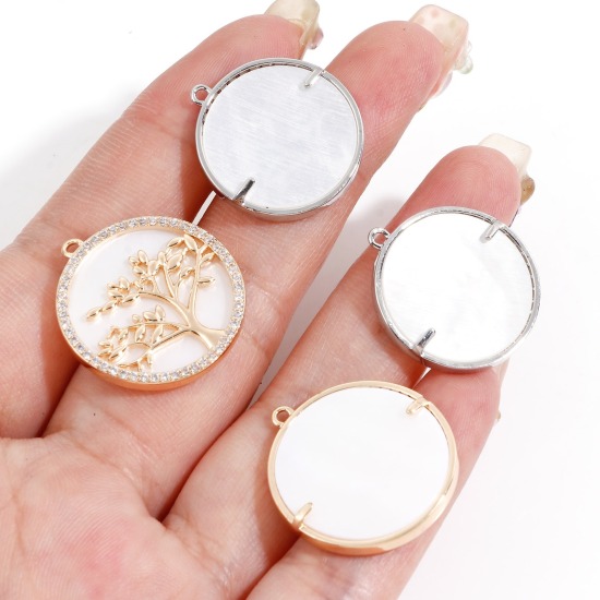 Picture of Shell & Brass Charms Real Gold Plated Round Tree Micro Pave Clear Cubic Zirconia