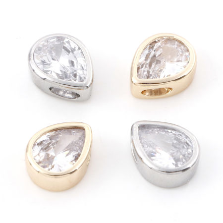 Immagine di Ottone Charms Goccia Vero Oro Placcato Trasparente Cubic Zirconiae 10mm x 8mm, 2 Pz