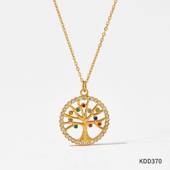 Picture of Eco-friendly Vacuum Plating Stylish Retro 18K Real Gold Plated 304 Stainless Steel & Cubic Zirconia Link Cable Chain Round Tree of Life Pendant Necklace For Women Graduation