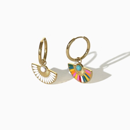 Bild von Hypoallergen Retro Ethnisch 18K Echtgold plattiert Bunt 304 Edelstahl Fächer-Form Emaille Ohrring Für Frauen Party 1 Paar