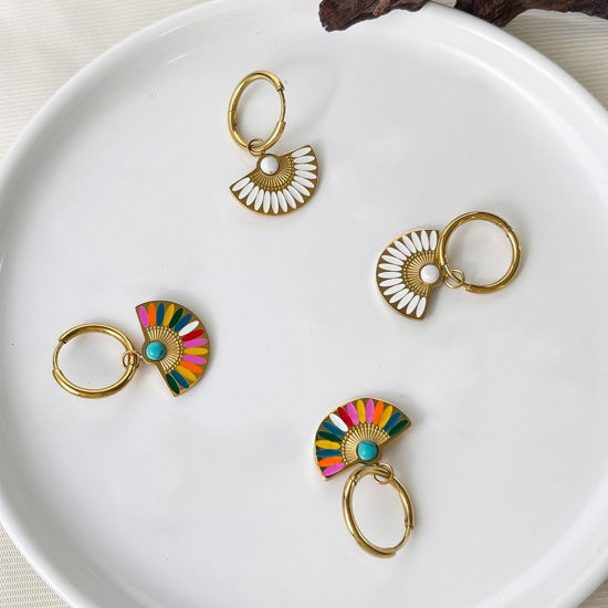 Immagine di Ipoallergenico Retrò Etnico 18K Vero Oro Placcato Multicolore 304 Acciaio Inossidabile A Forma di Ventagli Smalto Orecchino Per Donne Festa 1 Paio