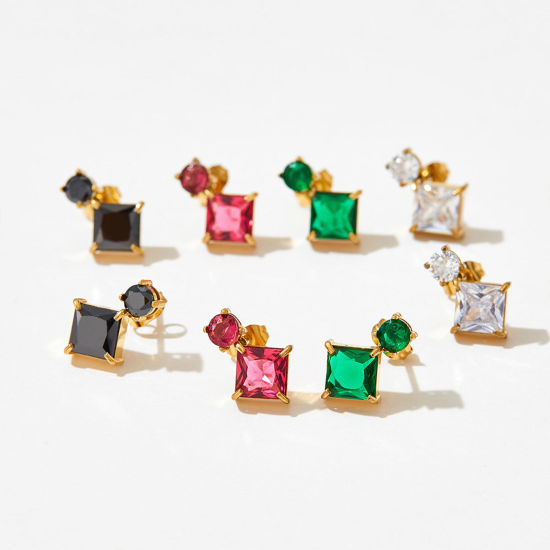Immagine di Ipoallergenico Elegante Squisito 18K Vero Oro Placcato 304 Acciaio Inossidabile & Zircone Cubico Quadrato Tondo Orecchini a Perno Per Donne Compleanno 1 Paio